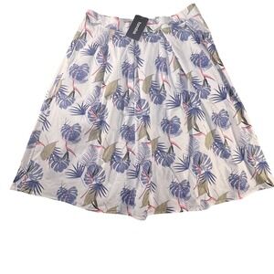 Tanelise XL White Blue Floral‎ Print Pleated Midi Full Skirt Tropical NWT
